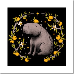 Goblincore Aesthetic Capybara Chilling With Orange on Head | Cottagecore Capy Yuzu Citrus Fruit Blossom Flowers Meditating - Dreamcore Fairytale Mycology Fungi Shrooms Forager Foraging Pet Mat Bandata Posters and Art